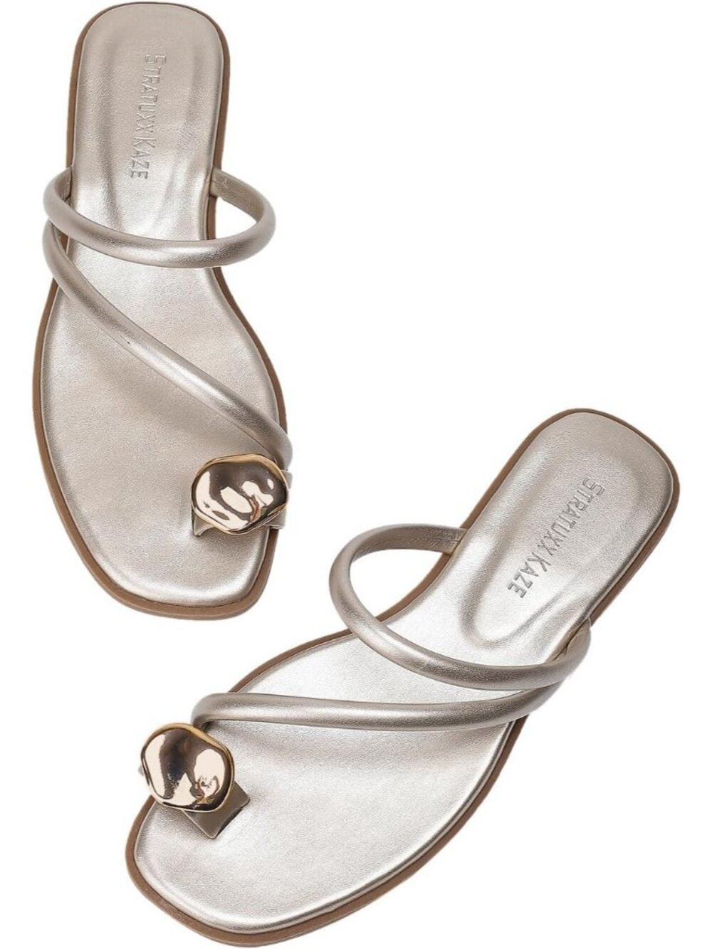 Women's Gold Toe Ring Thong Sandals with Cushioned Insole Flats for Beach Wear
